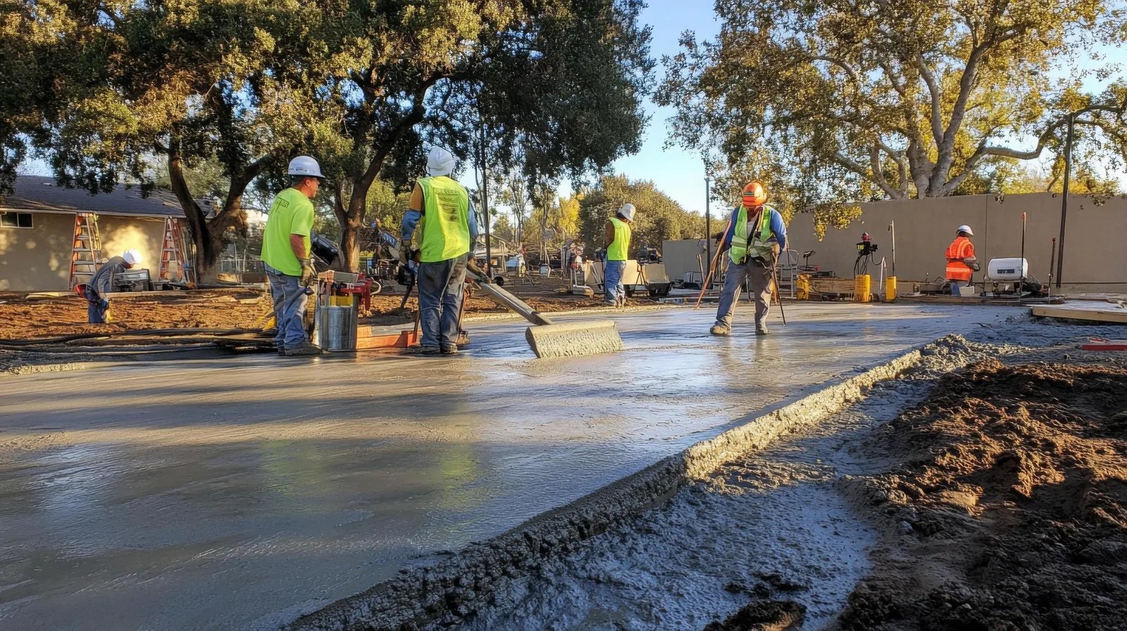 Concrete crew leveling a fresh pour in Tampa